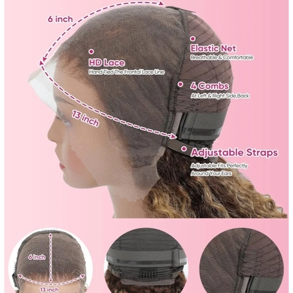 16" 100% Human Hair 13x6 Lace Front Wig Honey Brown Blonde Water Wave Curly - Picture 6 of 14